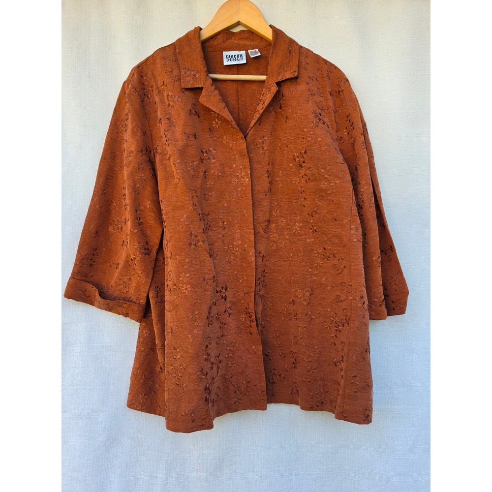 Chicos Design Silk Linen Cardigan Size 3 Terracotta Boho Coastal Grandmother 90s